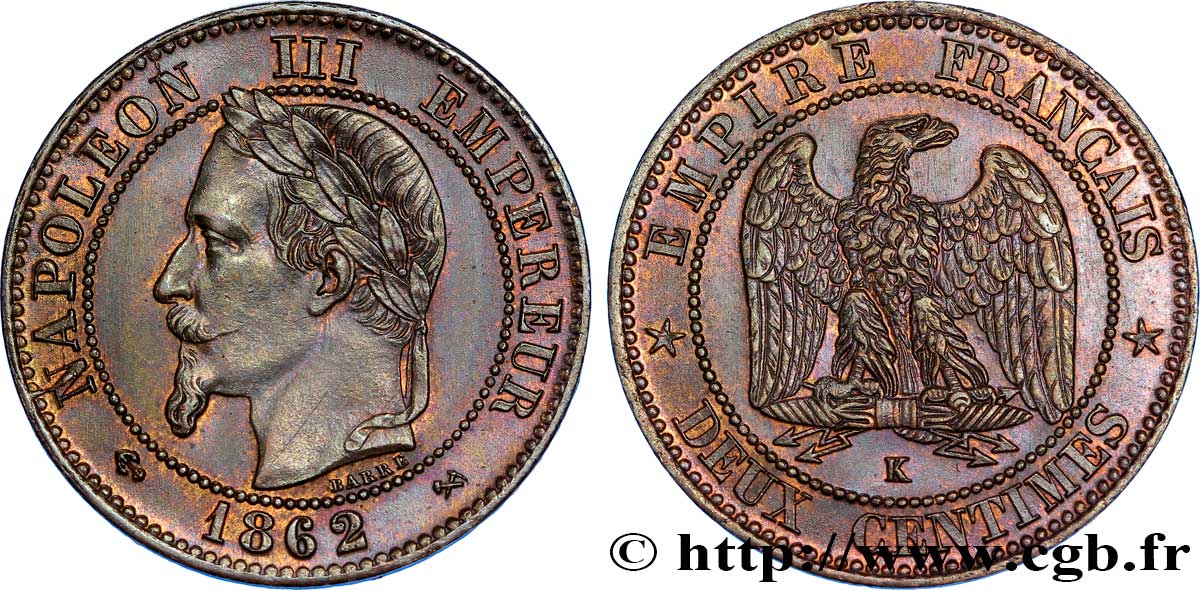 Deux centimes Napoléon III, tête laurée 1862 Bordeaux F.108A/7 MS61 