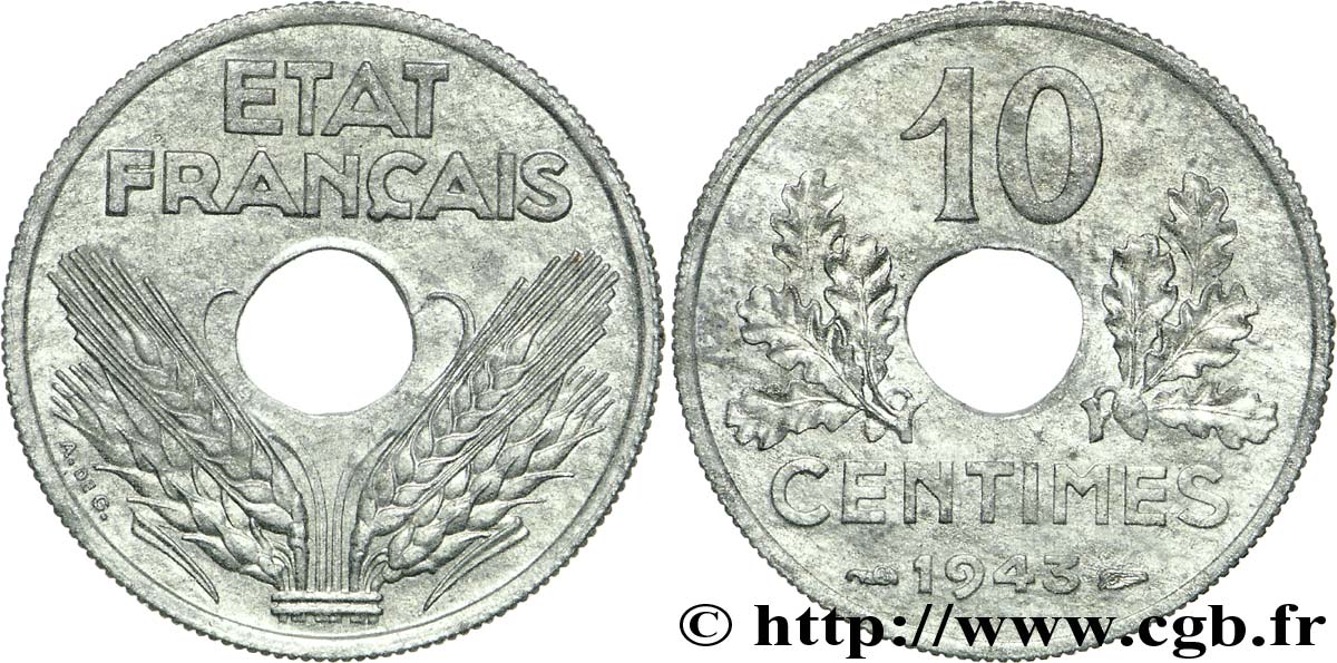 10 centimes État français, grand module 1943  F.141/5 SUP60 
