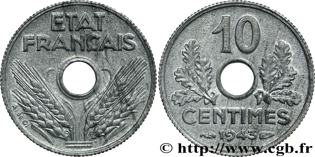 10 centimes État français, petit module 1943  F.142/2 SPL62 