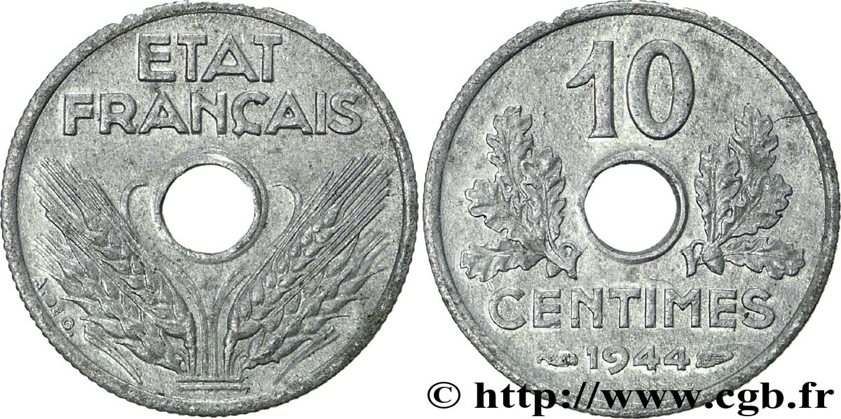 10 centimes État français, petit module 1944  F.142/3 EBC60 