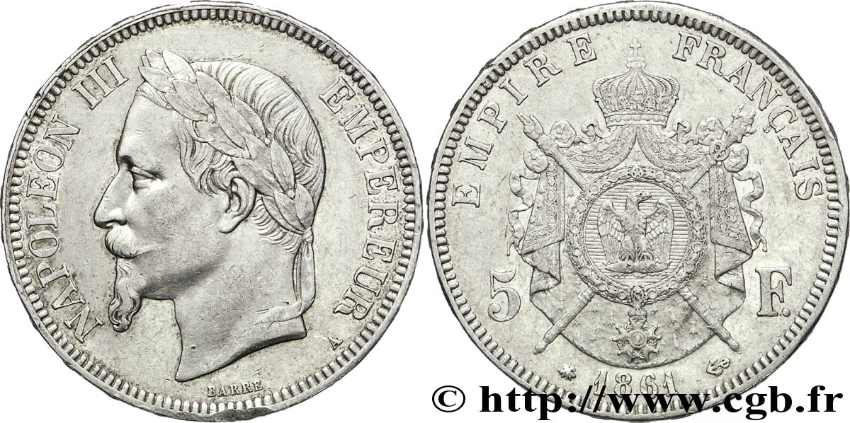 5 francs Napoléon III, tête laurée, petit A 1861 Paris F.331/1 SS45 