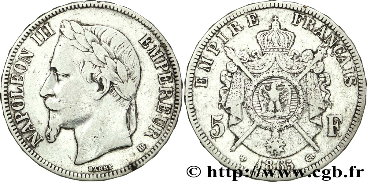 5 francs Napoléon III, tête laurée 1865 Strasbourg F.331/8 TB35 