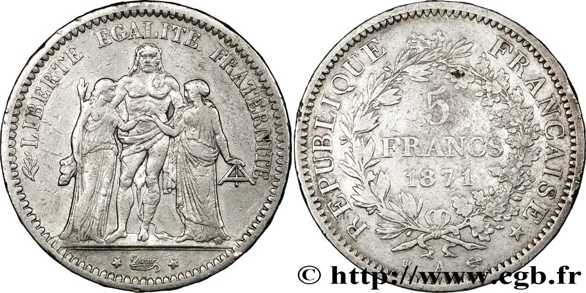 5 francs Hercule, dite “Camélinat” 1871 Paris F.334/4 BB40 