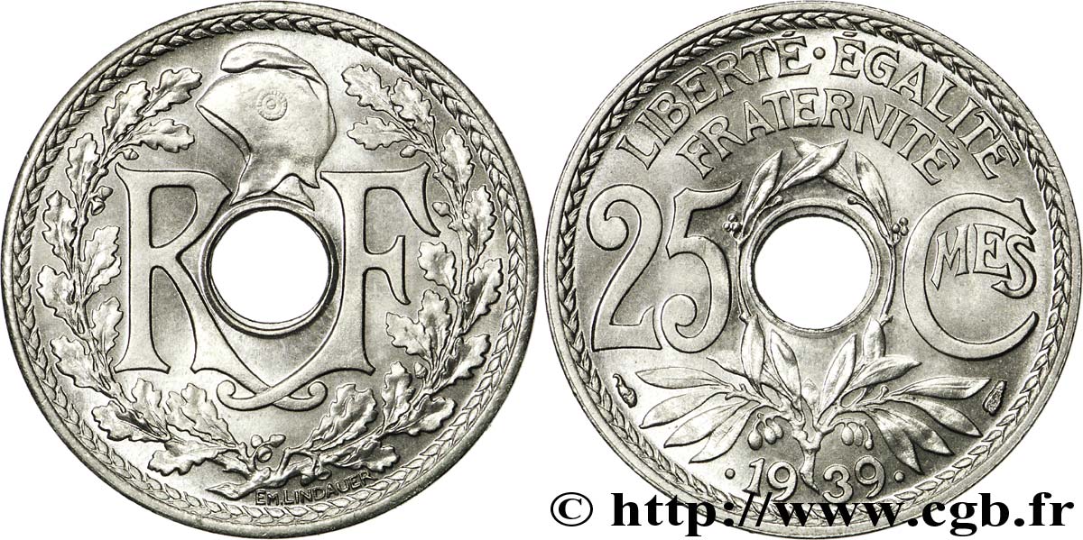 25 centimes Lindauer, maillechort 1939  F.172/3 MS66 