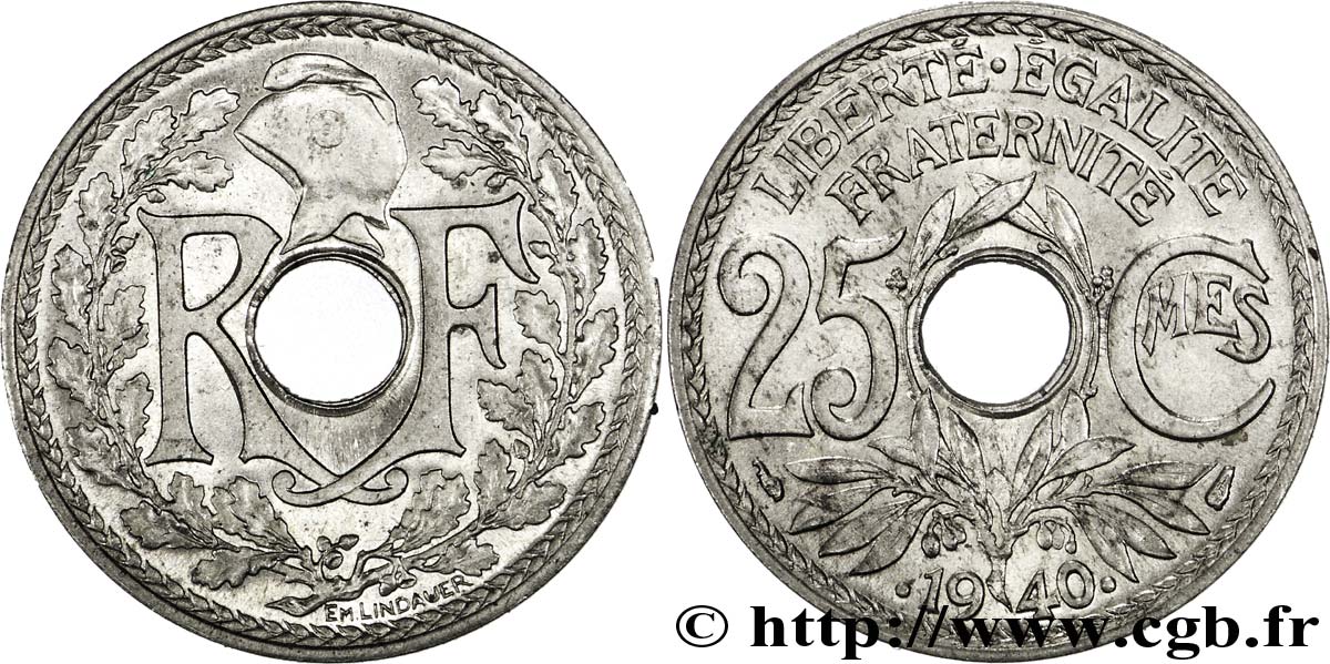 25 centimes Lindauer, maillechort 1940  F.172/4 MS64 