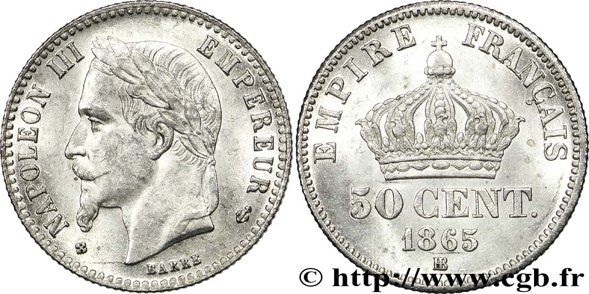 50 centimes Napoléon III, tête laurée 1865 Strasbourg F.188/7 EBC61 