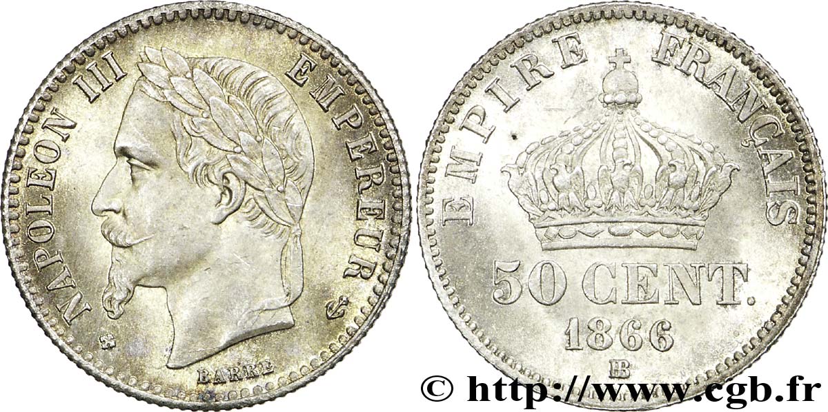50 centimes Napoléon III, tête laurée 1866 Strasbourg F.188/10 SPL63 