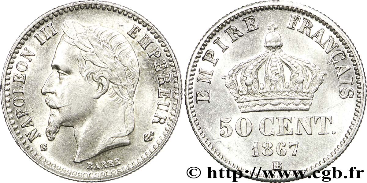 50 centimes Napoléon III, tête laurée 1867 Strasbourg F.188/15 SUP60 