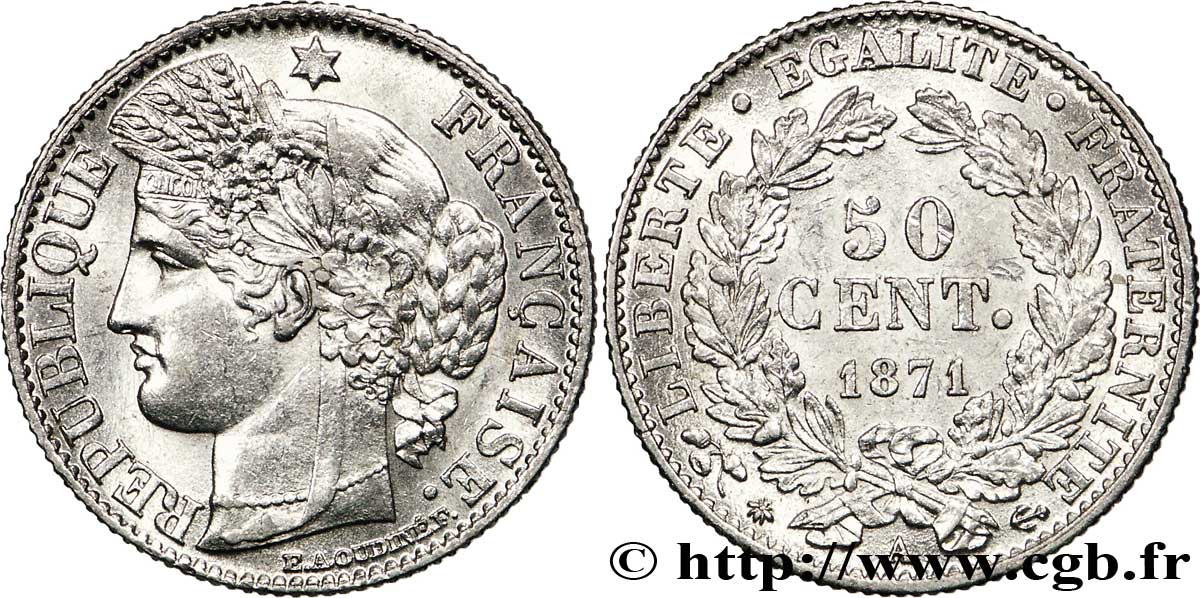 50 centimes Cérès, Troisième République 1871 Paris F.189/1 SUP57 