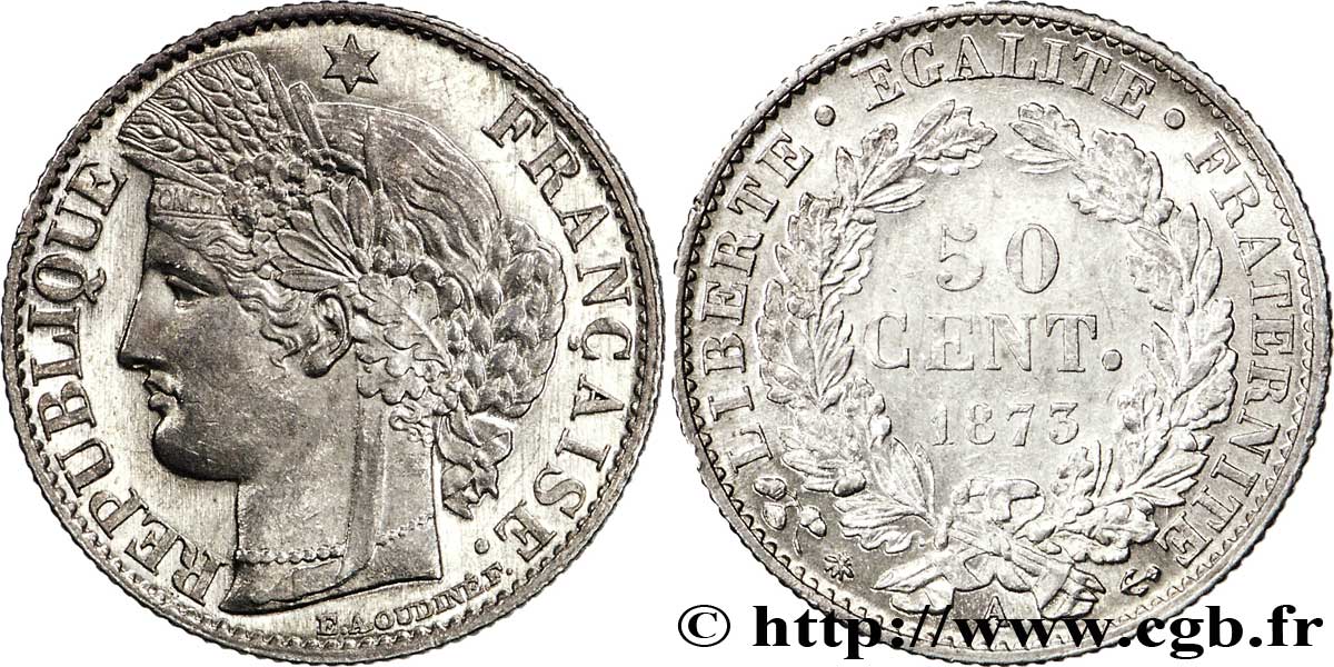 50 centimes Cérès, IIIe République 1873 Paris F.189/5 VZ60 