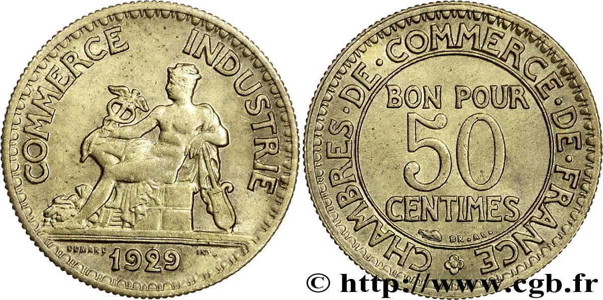 50 centimes Chambres de Commerce, 2 fermé 1929 Paris F.191/11 SUP58 