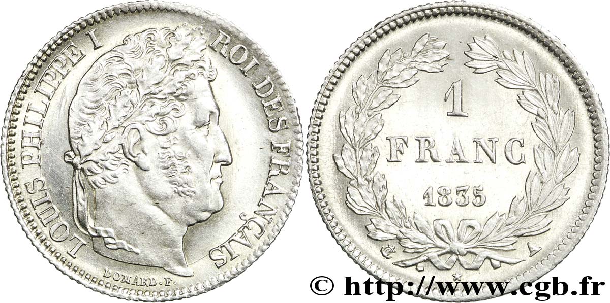 1 franc Louis-Philippe, couronne de chêne 1835 Paris F.210/40 EBC58 