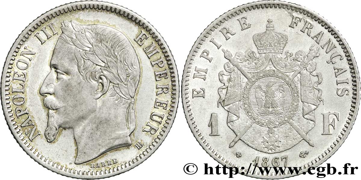 1 franc Napoléon III, tête laurée 1867 Strasbourg F.215/7 TTB52 