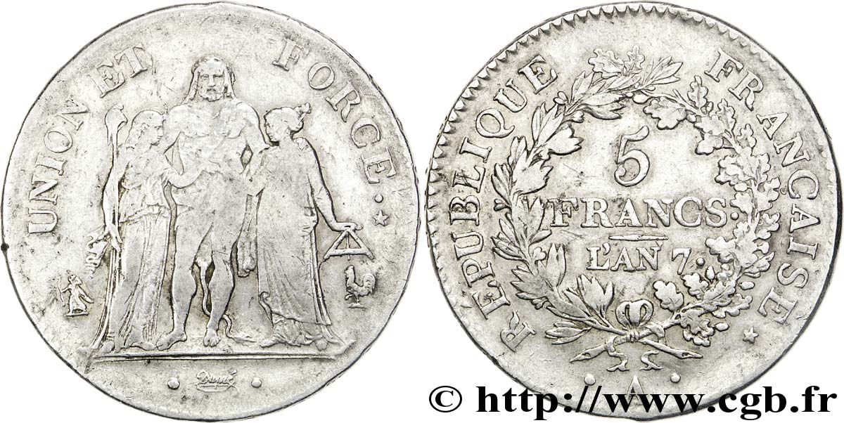 5 francs Union et Force, Union serré, seulement gland extérieur 1799 Paris F.288/98 TB30 