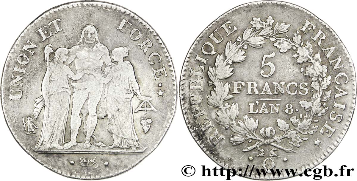5 francs Union et Force, Union serré, avec glands intérieurs et gland extérieur 1800 Perpignan F.288/149 BC30 