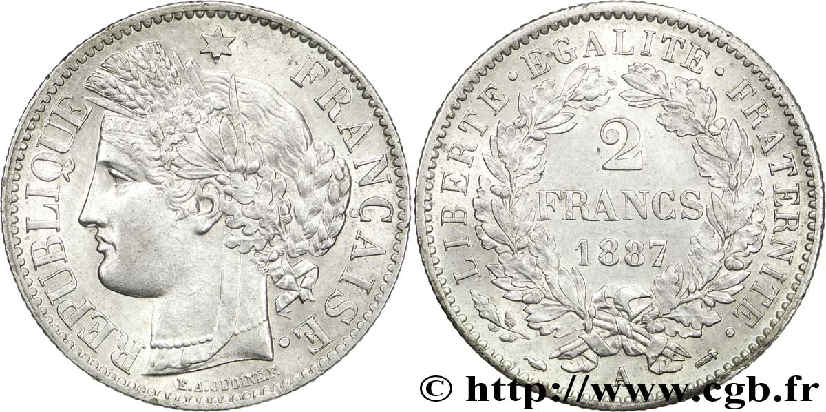 2 francs Cérès, avec légende 1887 Paris F.265/13 AU58 