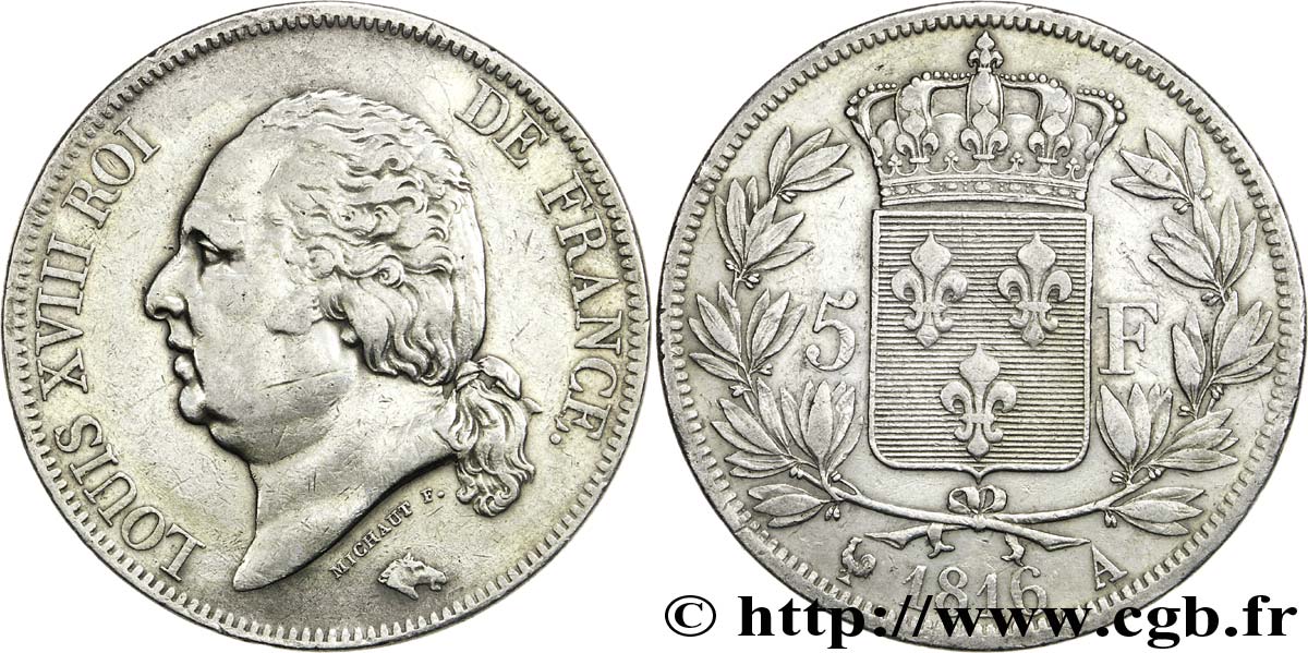 5 francs Louis XVIII, tête nue 1816 Paris F.309/1 BB45 