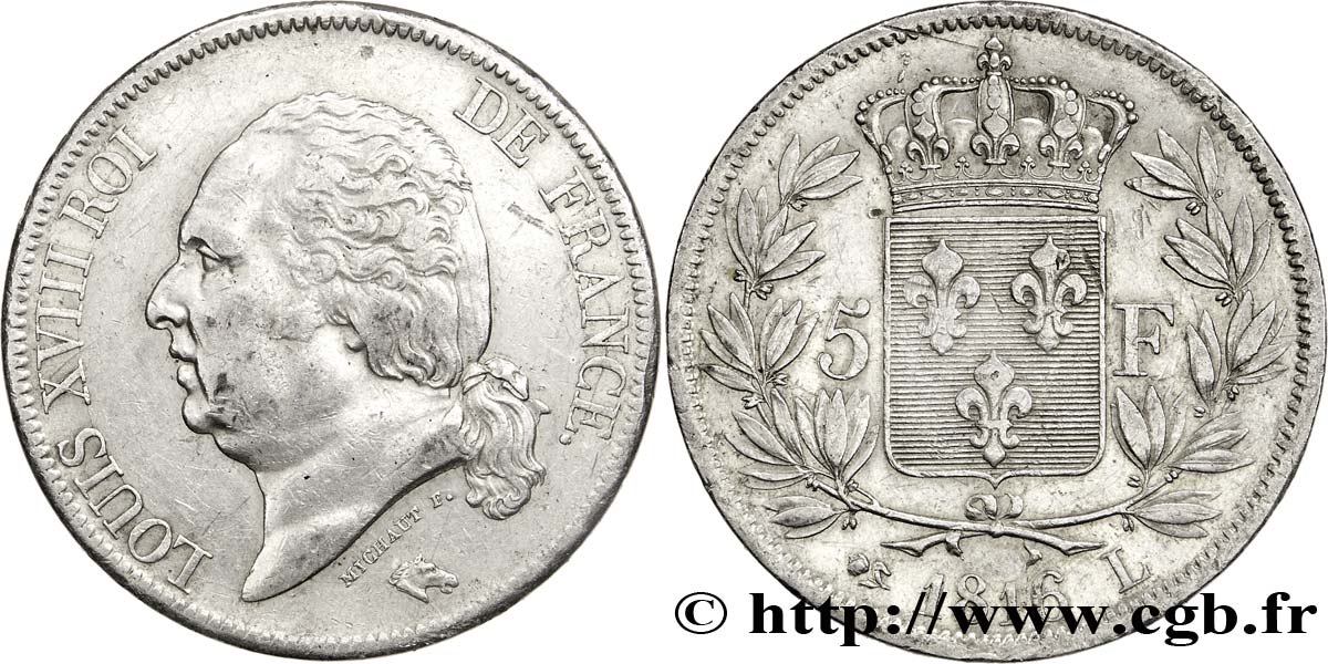 5 francs Louis XVIII, tête nue 1816 Bayonne F.309/8 TTB42 
