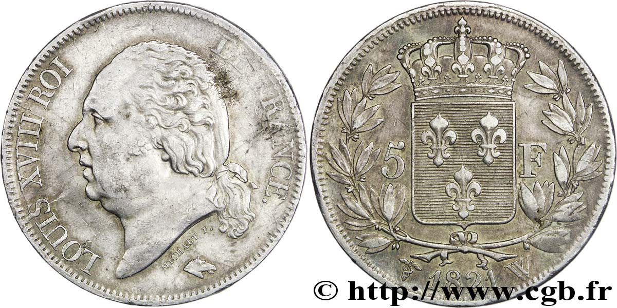 5 francs Louis XVIII, tête nue 1821 Lille F.309/67 MBC45 