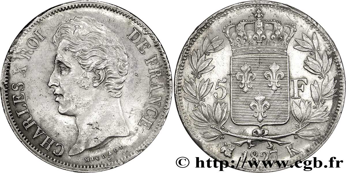 5 francs Charles X, 2e type 1827 Bordeaux F.311/7 AU50 