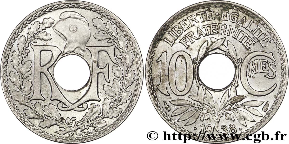 10 centimes Lindauer, maillechort 1938  F.139/2 SUP60 