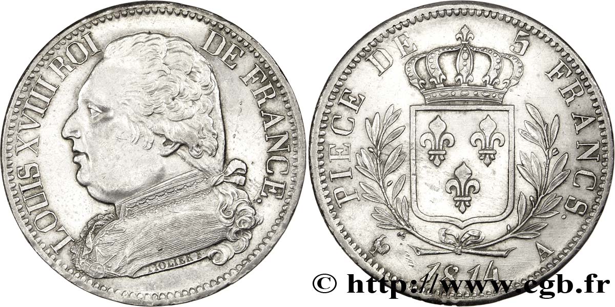 5 francs Louis XVIII, buste habillé 1814 Paris F.308/1 EBC58 