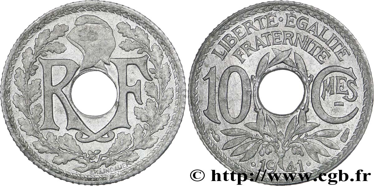 10 centimes Lindauer en zinc, Cmes souligné et millésime avec points 1941  F.140/2 VZ58 