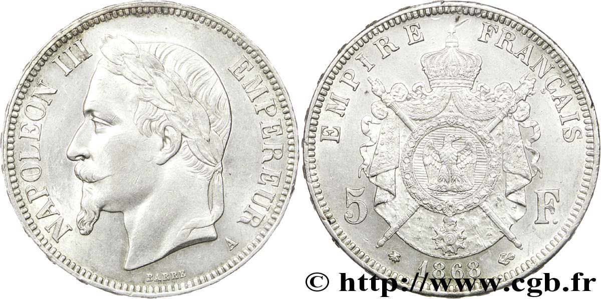 5 francs Napoléon III, tête laurée 1868 Paris F.331/12 AU55 