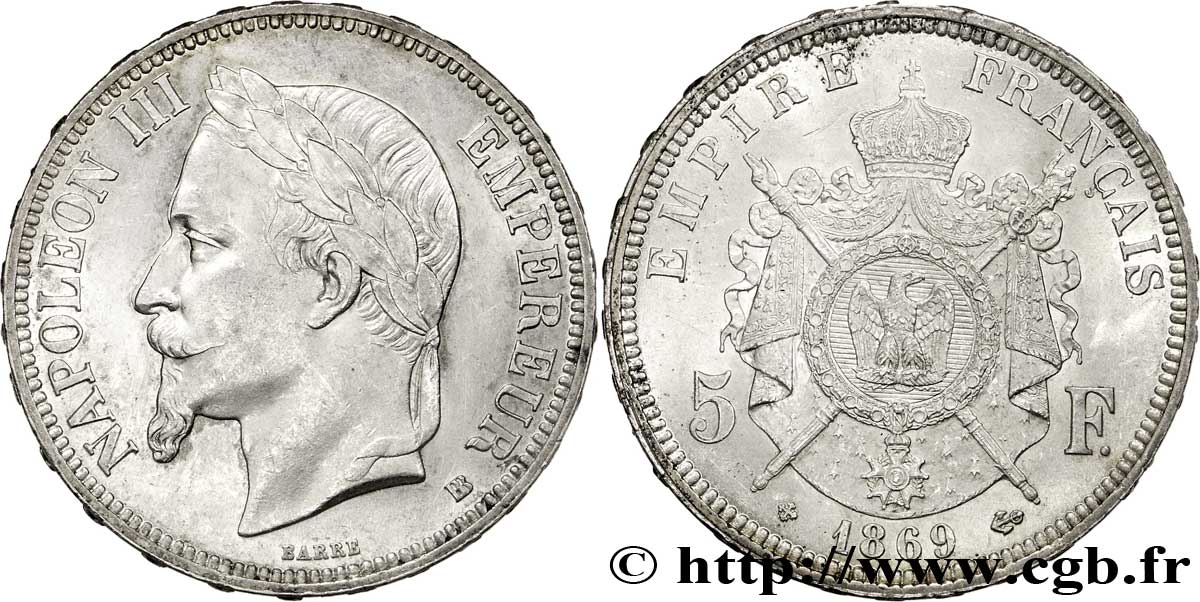 5 francs Napoléon III, tête laurée 1869 Strasbourg F.331/15 SUP55 