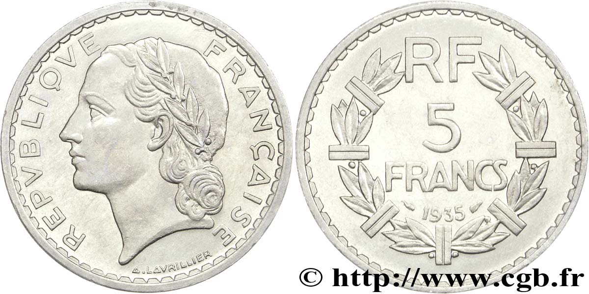 5 francs Lavrillier, nickel 1935  F.336/4 MS60 