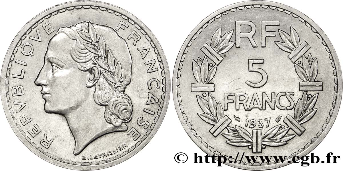 5 francs Lavrillier, nickel 1937  F.336/6 VZ57 