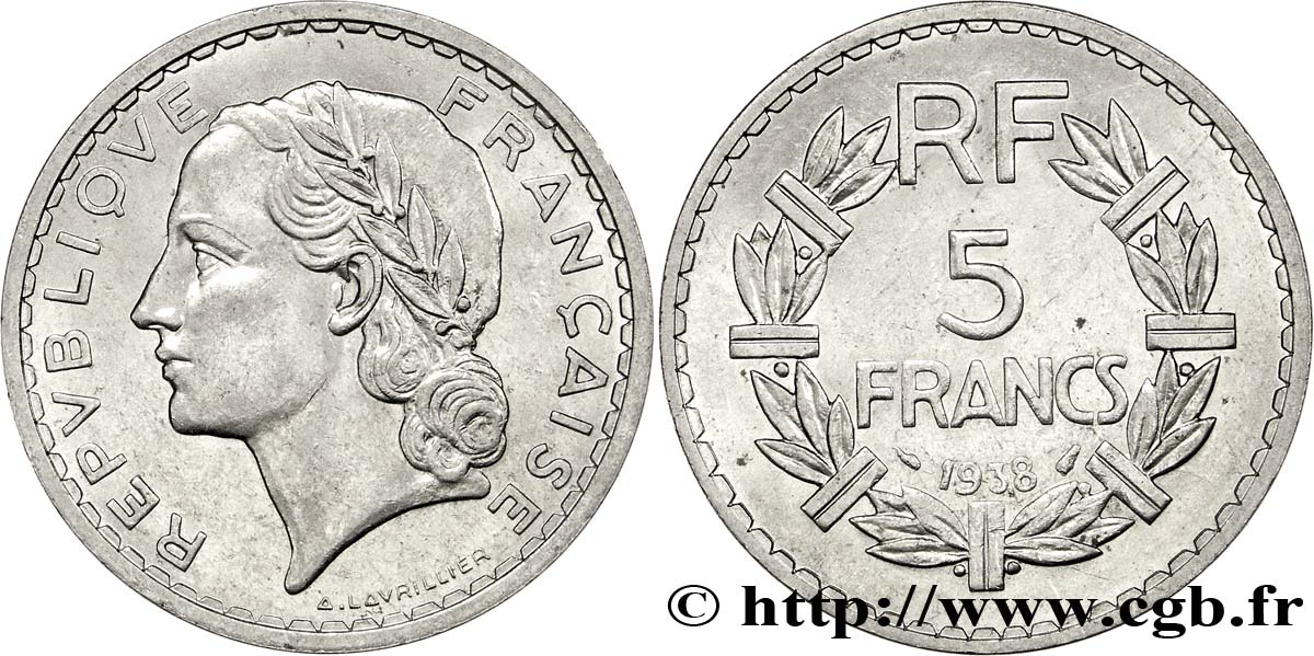5 francs Lavrillier, nickel 1938  F.336/7 SUP60 