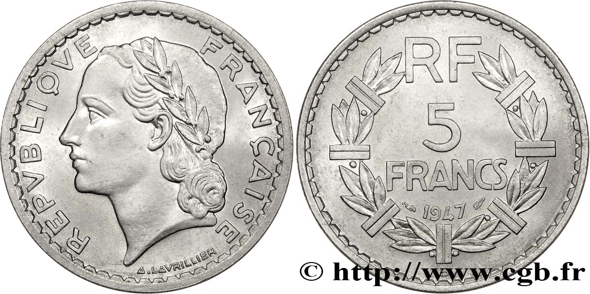 5 francs Lavrillier, aluminium 1947 Beaumont-Le-Roger F.339/11 MS62 