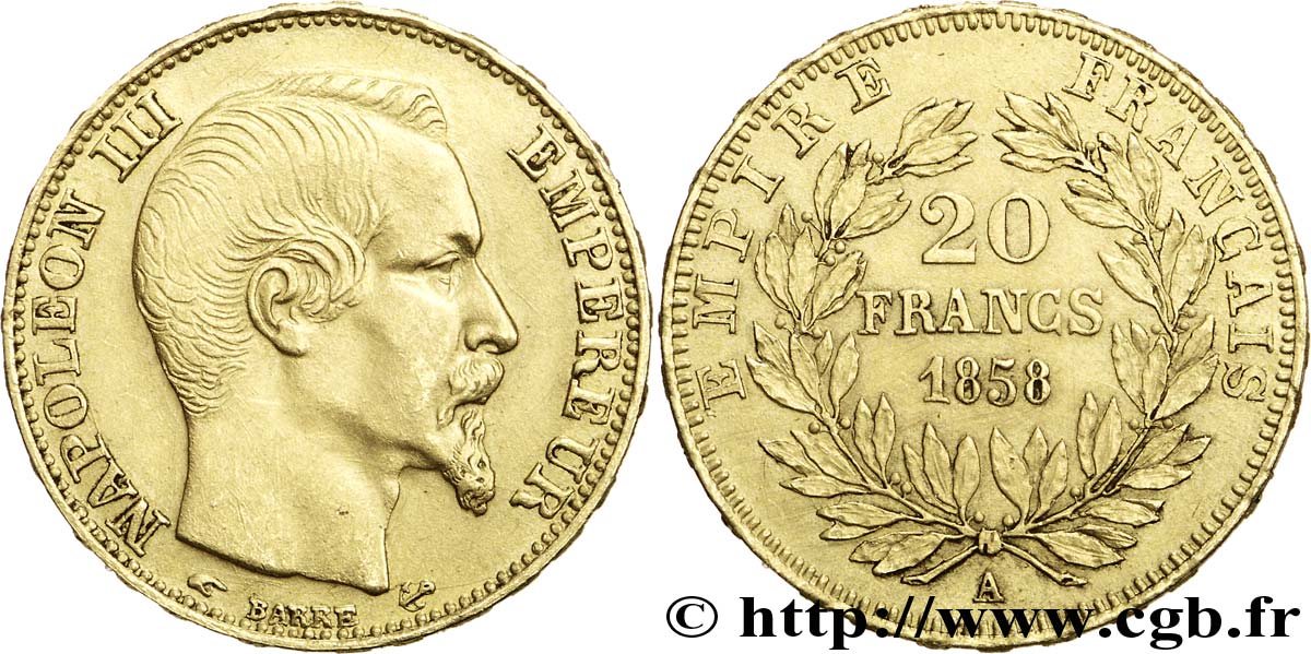 Faux de 20 francs or Napoléon III, tête nue, Montecatini 1858 Paris F.531/13 var. SS50 
