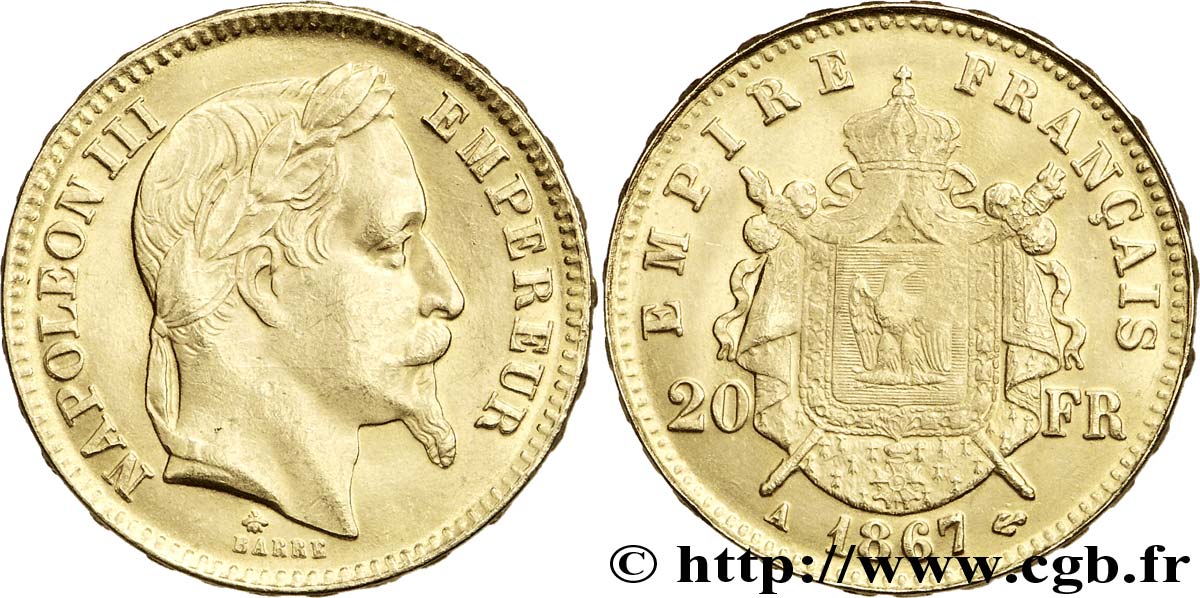 Faux de 20 francs or Napoléon III, tête laurée 1867 Paris F.532/15 TTB50 
