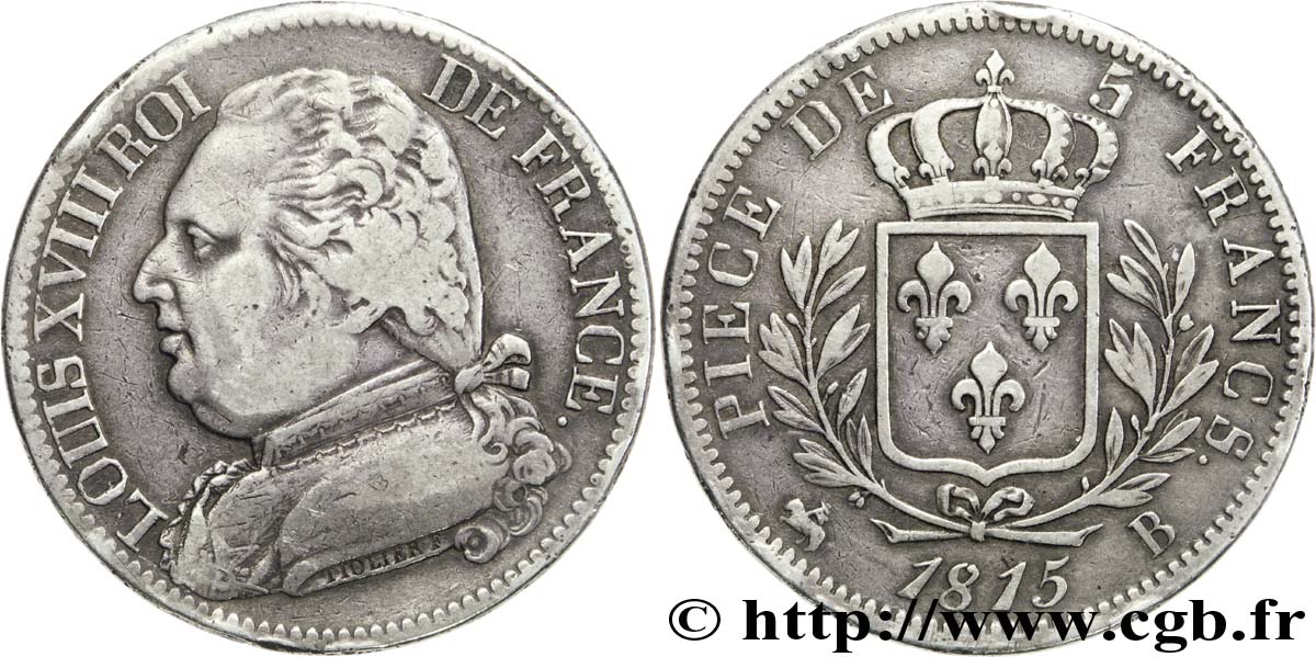 5 francs Louis XVIII, buste habillé 1815 Rouen F.308/16 SS40 