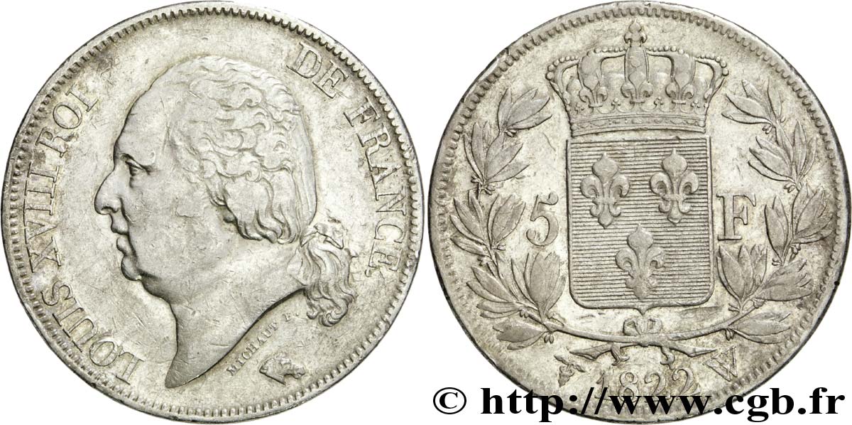 5 francs Louis XVIII, tête nue 1822 Lille F.309/75 TB35 