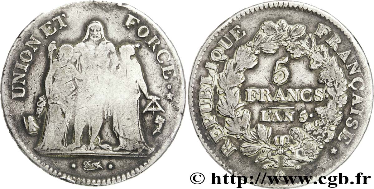 5 francs Union et Force, Union serré, seulement gland extérieur 1797 Paris F.288/11 F15 