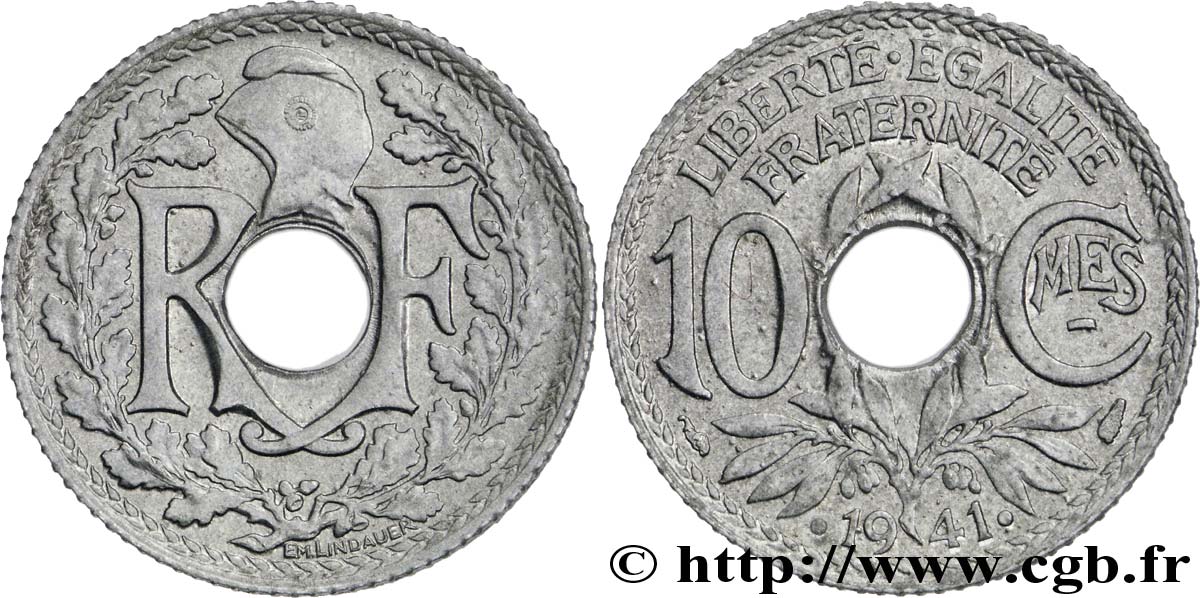 10 centimes Lindauer en zinc, Cmes souligné et millésime avec points 1941  F.140/2 fST63 