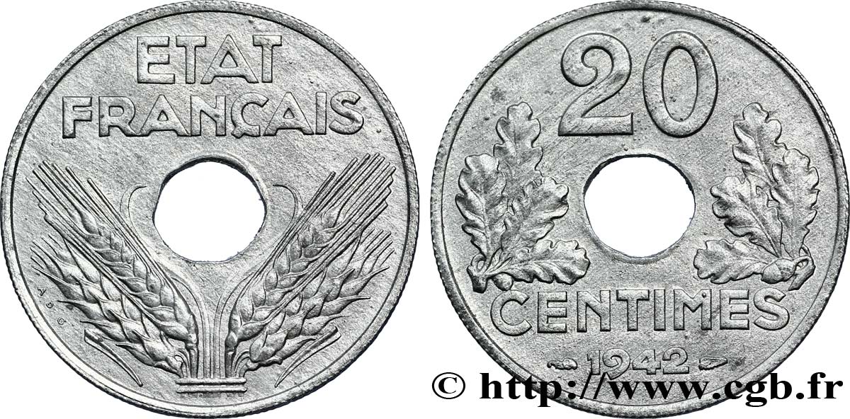 20 centimes État français 1942  F.153/4 VZ60 