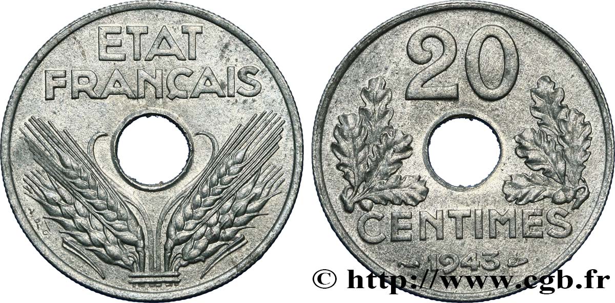 20 centimes État français, lourde 1943  F.153/5 SUP60 