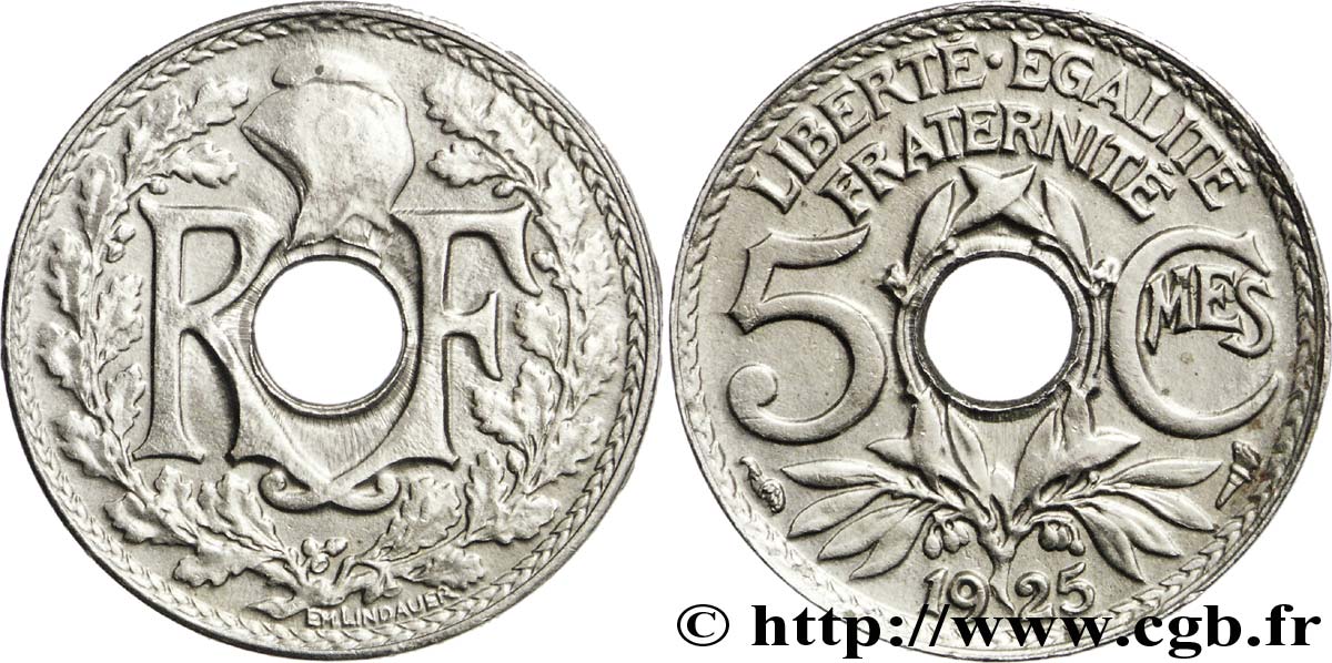 5 centimes Lindauer, petit module 1925  F.122/10 AU58 