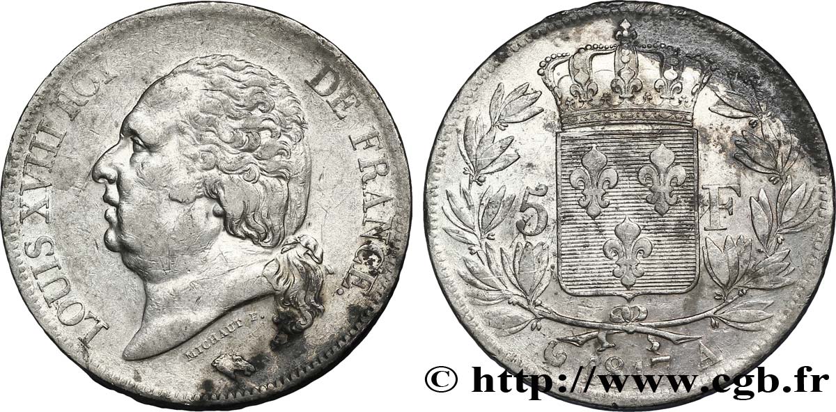 5 francs Louis XVIII, tête nue 1817  Paris F.309/14 MBC45 