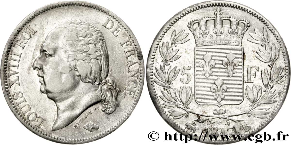 5 francs Louis XVIII, tête nue 1817 Rouen F.309/15 SS45 