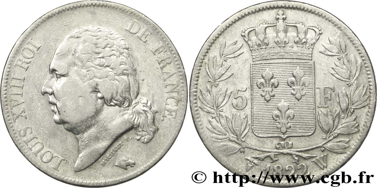 5 francs Louis XVIII, tête nue 1822 Lille F.309/75 TB35 