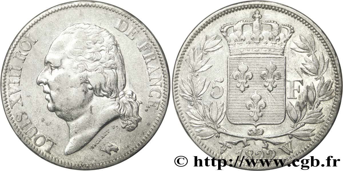 5 francs Louis XVIII, tête nue 1822 Lille F.309/75 TTB45 