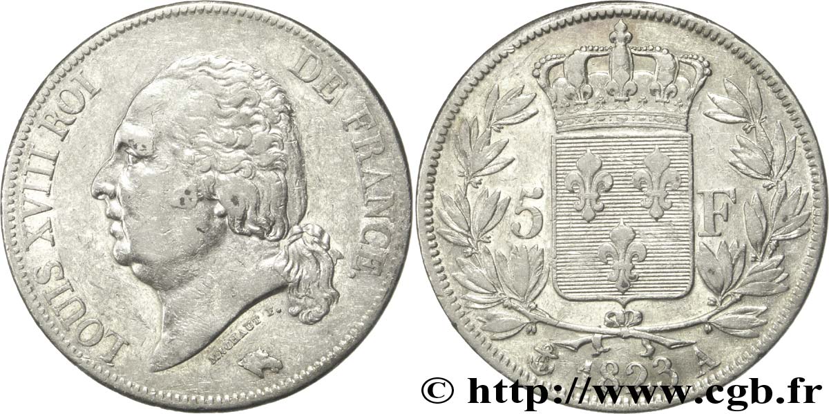 5 francs Louis XVIII, tête nue 1823 Paris F.309/76 TTB42 