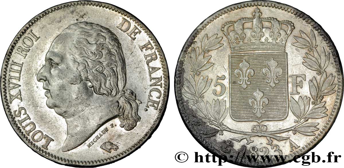 5 francs Louis XVIII, tête nue 1823 Paris F.309/76 TTB50 