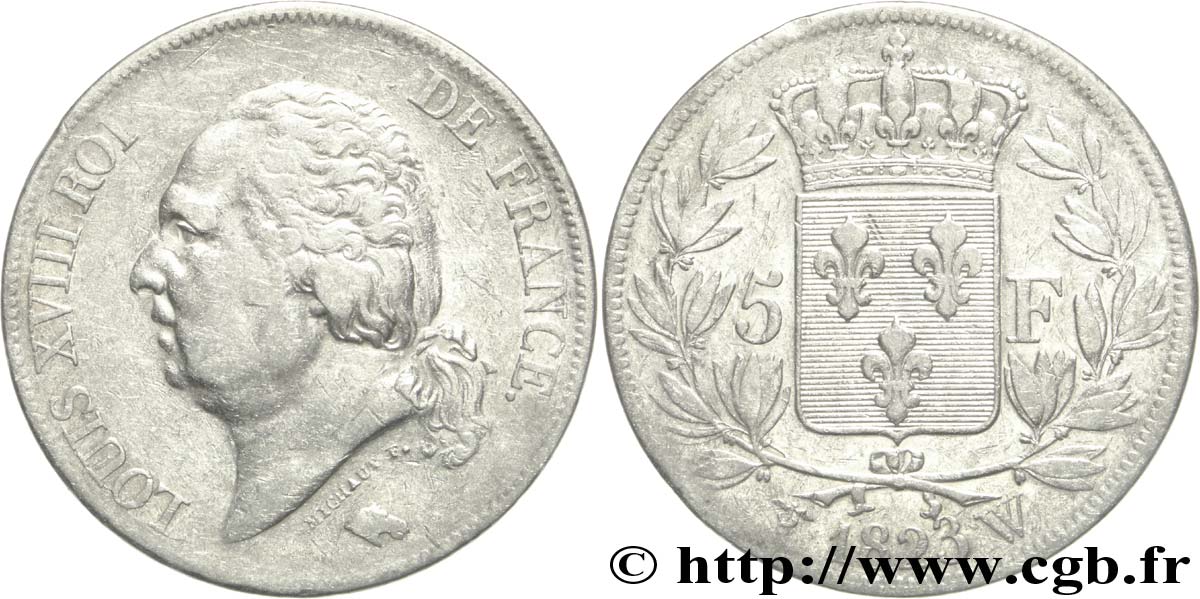 5 francs Louis XVIII, tête nue 1823 Lille F.309/87 XF40 