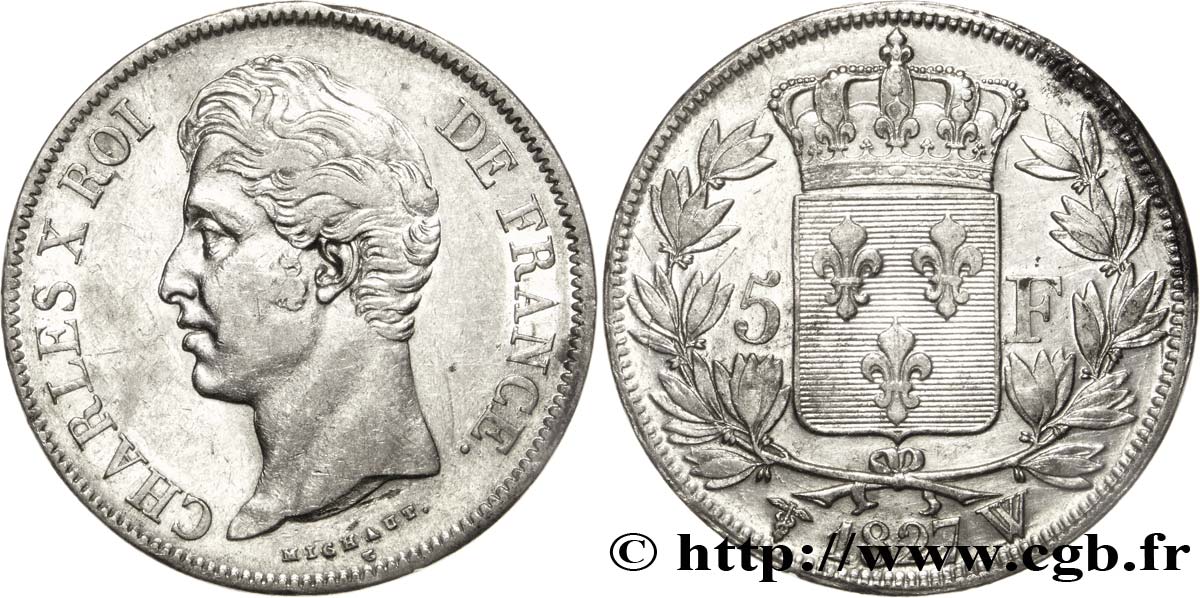 5 francs Charles X, 2e type 1827 Lille F.311/13 AU50 